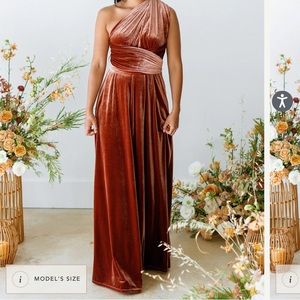 Revelry Micah Convertible Velvet Bridesmaids dresses, Sz S & M; terracotta color